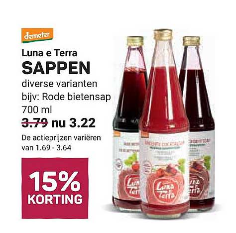 Luna e Terra SAPPEN diverse varianten bijv. Rode bietensap 700 ml 15% KORTING