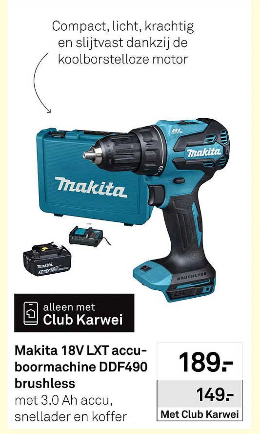 Makita 18V LXT accu-boormachine DDF490 brushless met 3.0 Ah accu, snellader en koffer