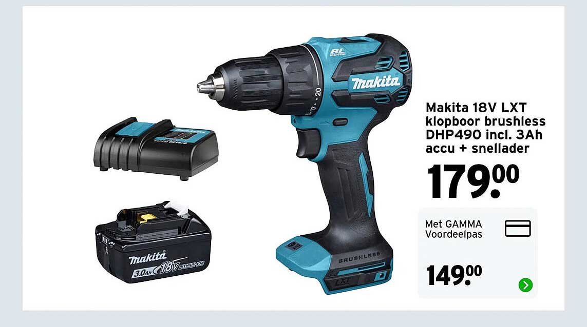 Makita 18V LXT klopboor brushless DHP490 incl. 3Ah accu + snellader