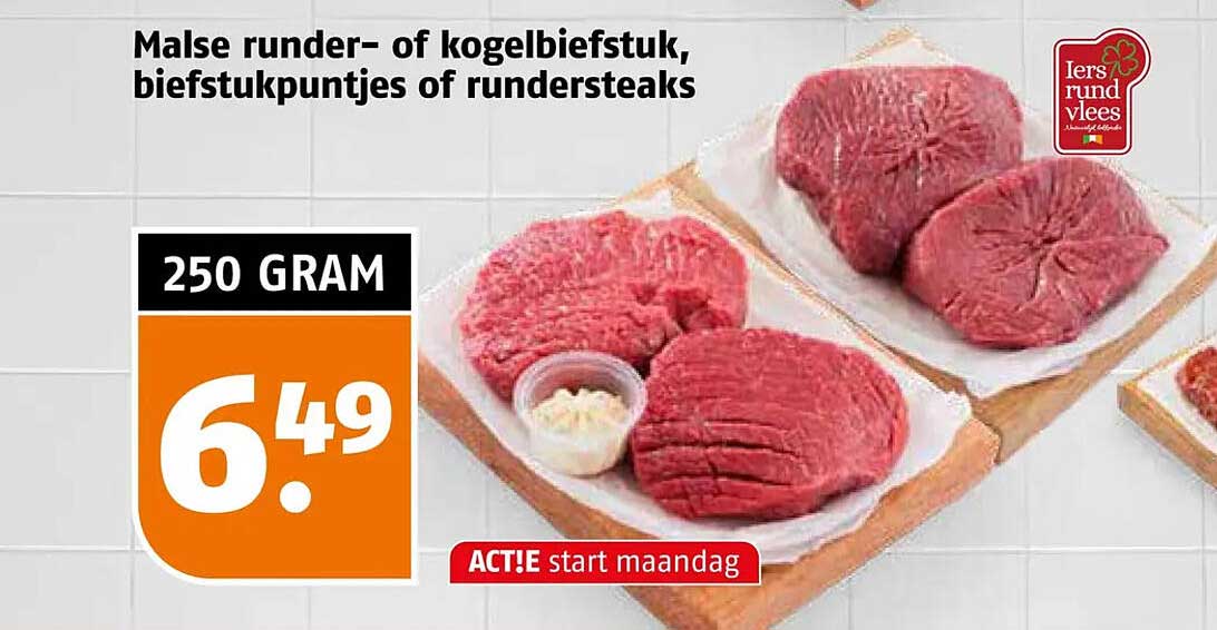 Malse runder- of kogelbiefstuk, biefstukpuntjes of rundersteaks