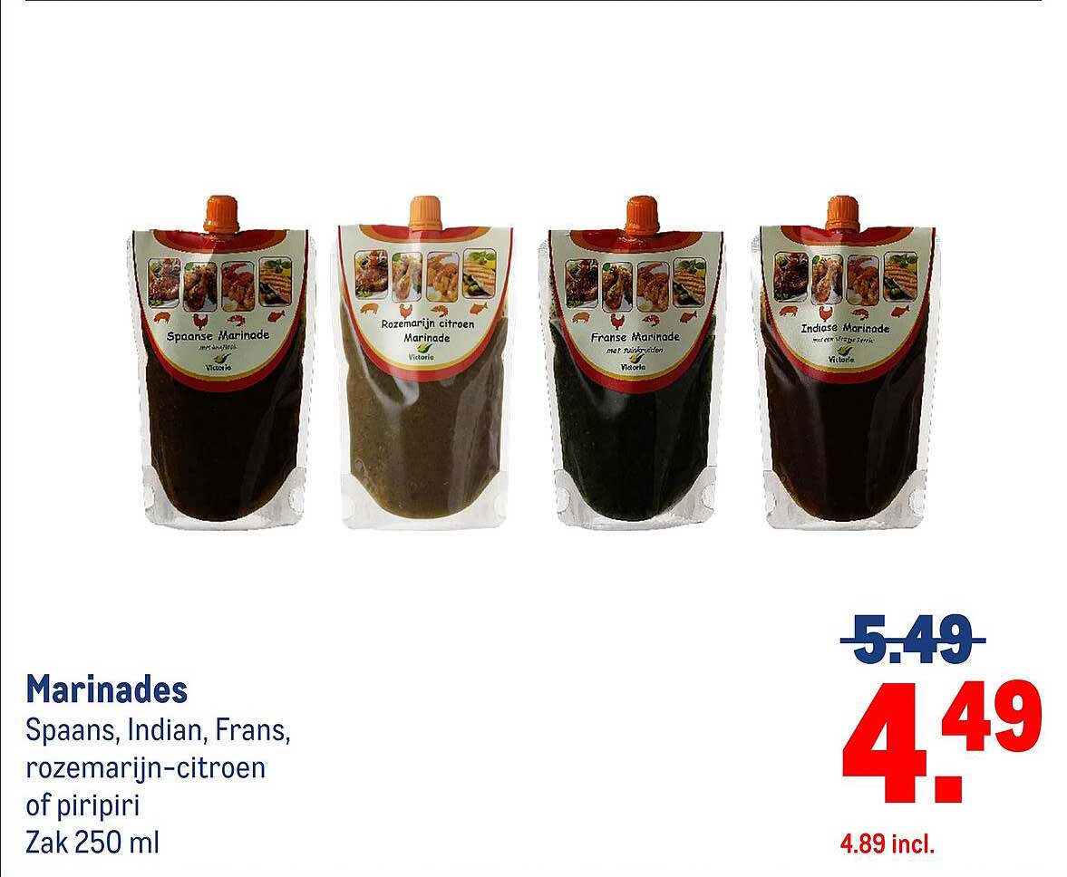 Marinades Spaans, Indian, Frans, rozemarijn-citroen of piripiri Zak 250 ml