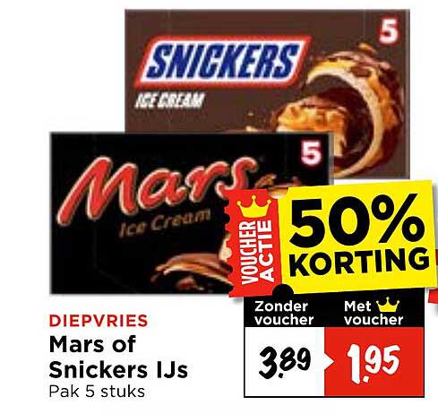 Mars of Snickers IJs Pak 5 stuks 50% korting