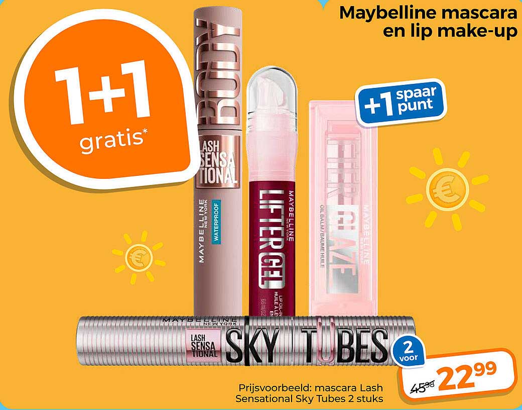 Maybelline mascara en lip make-up 1+1 gratis