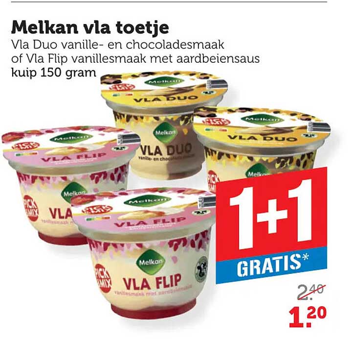 Melkan vla toetje Vla Duo vanille- en chocoladesmaak of Vla Flip vanillesmaak met aardbeiensaus kuip 150 gram 1+1 GRATIS