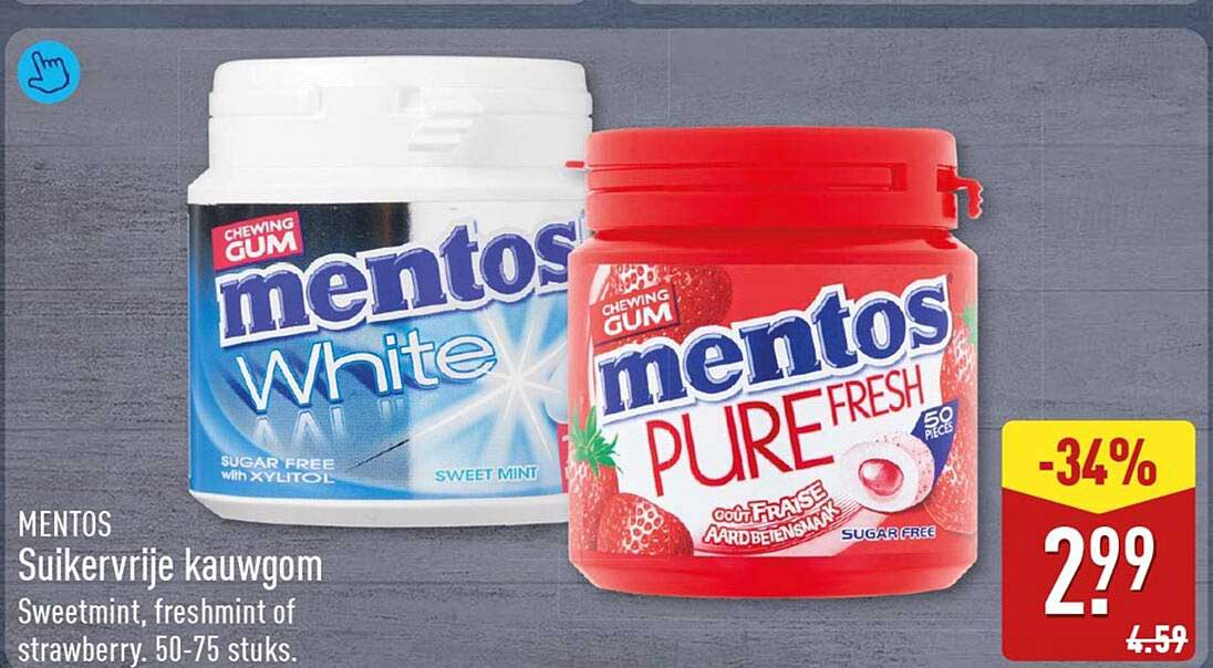 MENTOS Suikervrije kauwgom Sweetmint, freshmint of strawberry. 50-75 stuks.