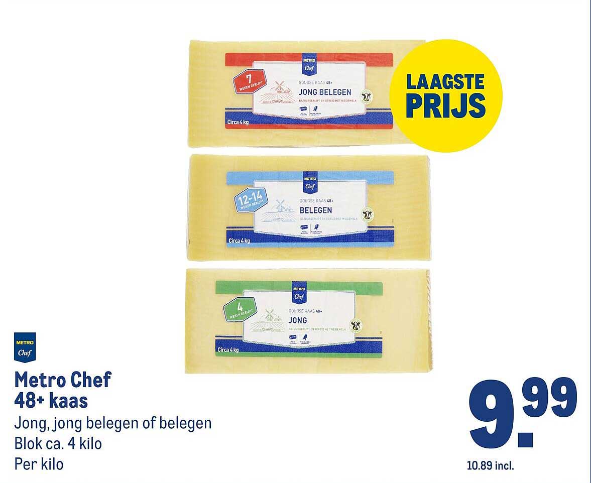 Metro Chef 48+ kaas Jong, jong belegen of belegen Blok ca. 4 kilo Per kilo