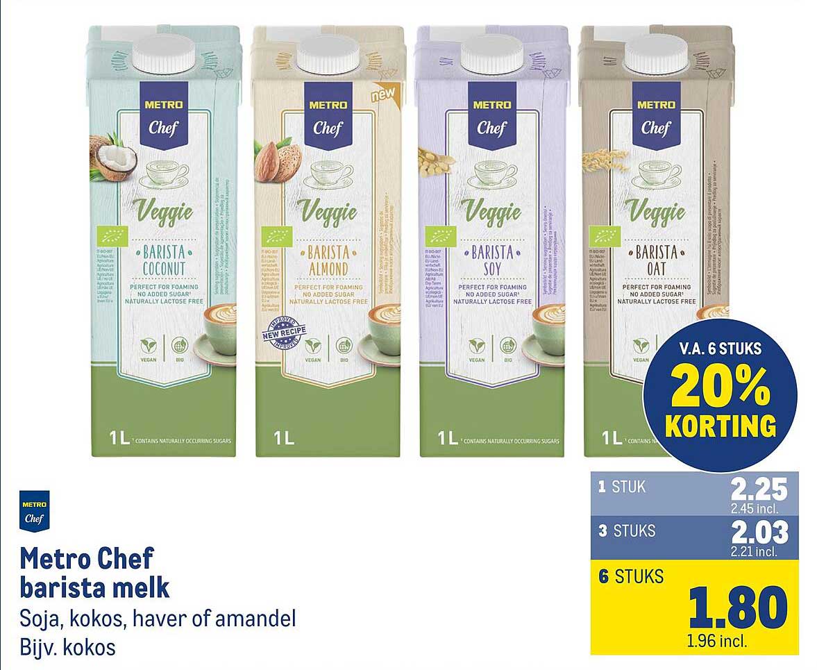 Metro Chef barista melk Soja, kokos, haver of amandel Bijv. kokos V.A. 6 STUKS 20% KORTING