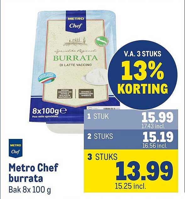 Metro Chef burrata Bak 8x 100 g 13% korting v.a. 3 stuks