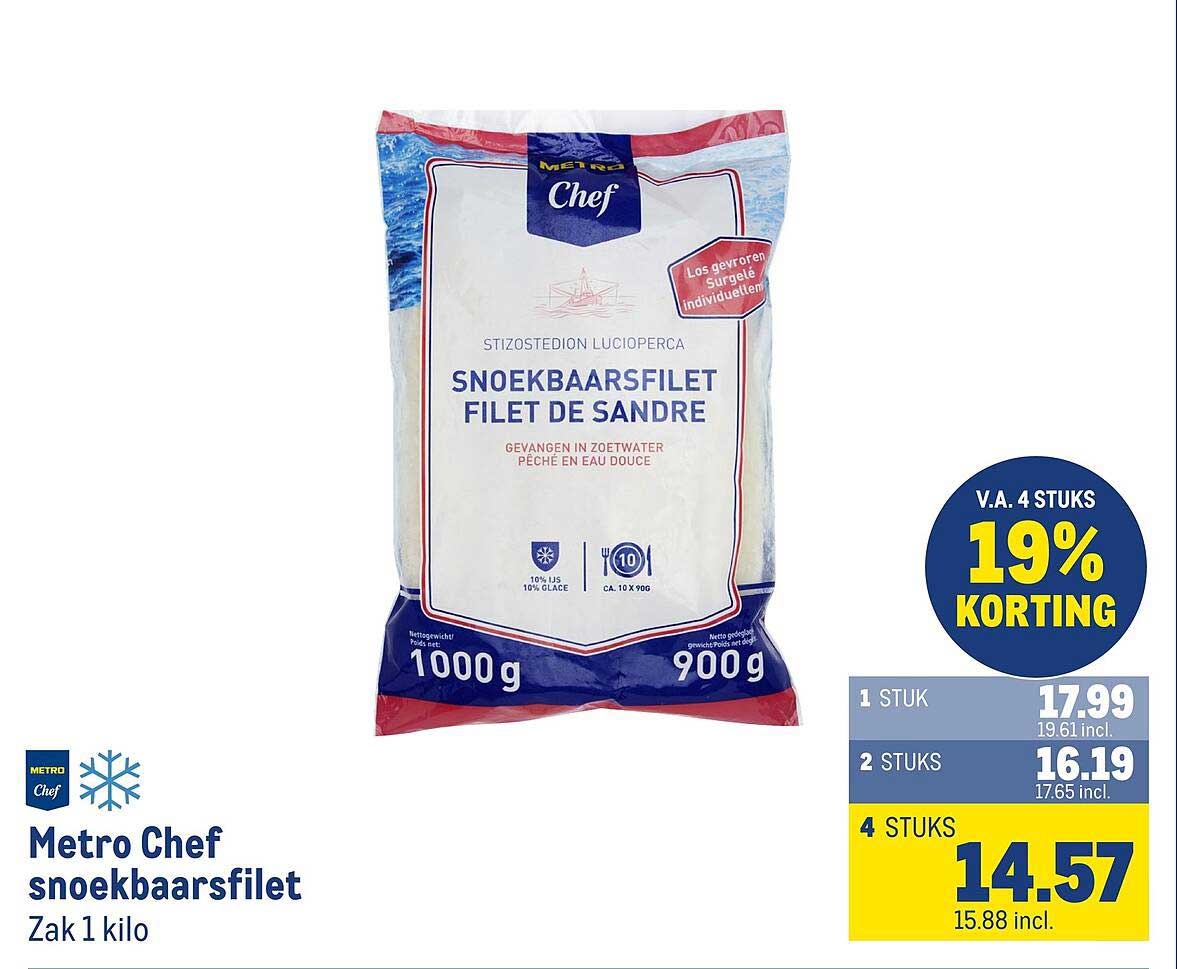 Metro Chef snoekbaarsfilet Zak 1 kilo V.A. 4 STUKS 19% KORTING