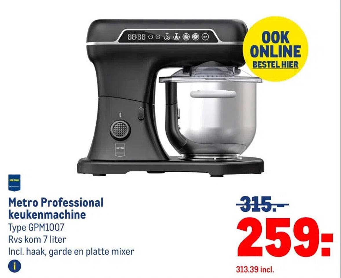 Metro Professional keukenmachine Type GPM1007 Rvs kom 7 liter Incl. haak, garde en platte mixer