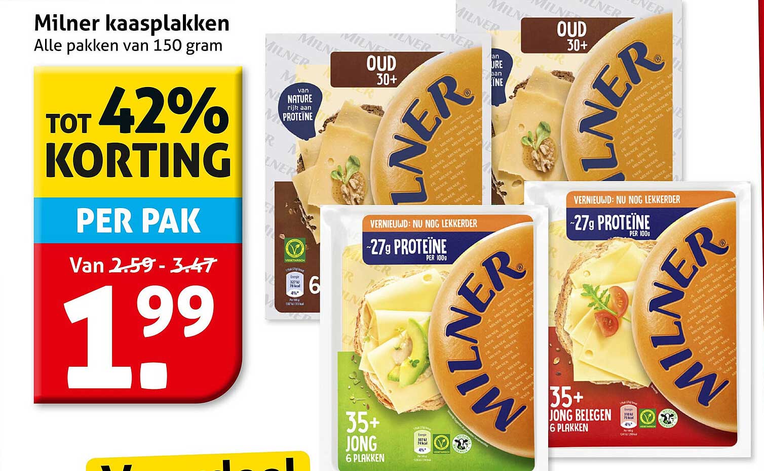 Milner kaasplakken Alle pakken van 150 gram TOT 42% KORTING PER PAK