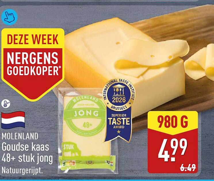 MOLENLAND Goudse kaas 48+ stuk jong Natuurgerijpt.