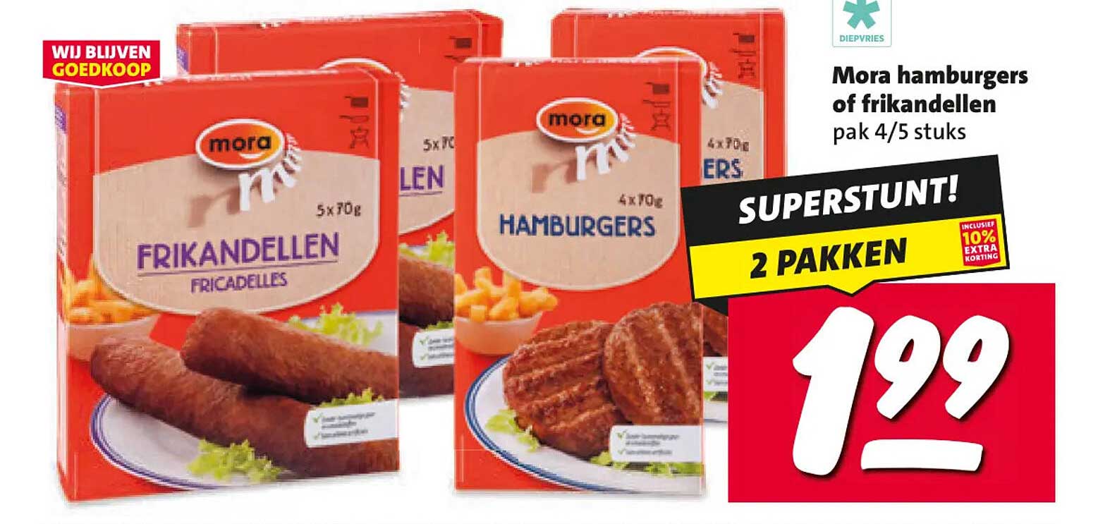 Mora hamburgers of frikandellen pak 4/5 stuks SUPERSTUNT! 2 PAKKEN