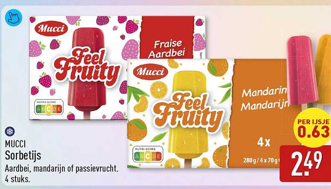 MUCCI Sorbetijs Aardbei, mandarijn of passievrucht. 4 stuks.