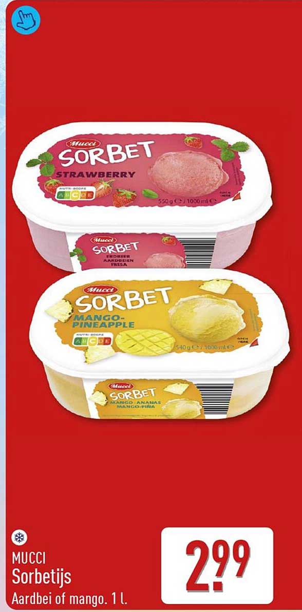 MUCCI Sorbetijs Aardbei of mango. 1 l.