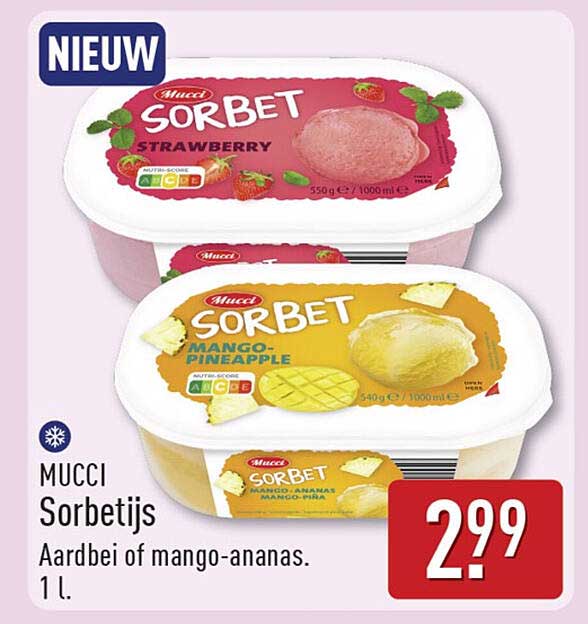 Mucci Sorbetijs Aardbei of mango-ananas. 1 L. NIEUW