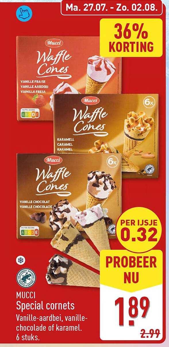 MUCCI Special cornets Vanille-aardbei, vanille-chocolade of karamel. 6 stuks. 36% korting