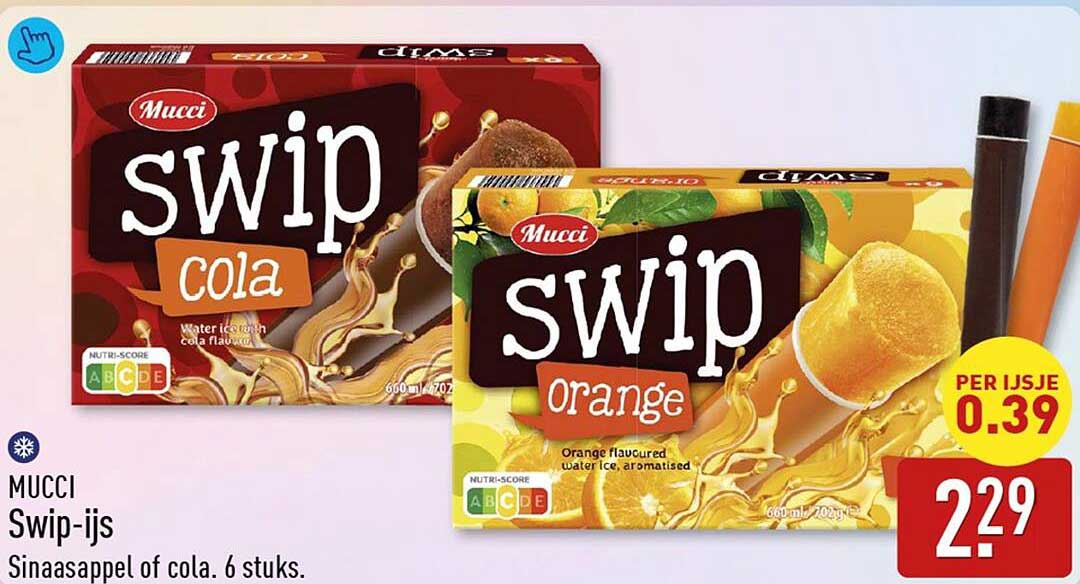 MUCCI Swip-ijs Sinaasappel of cola. 6 stuks.