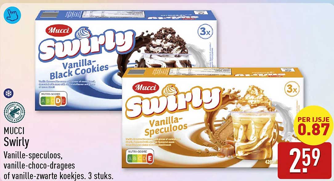 Mucci Swirly Vanille-speculoos, vanille-choco-dragees of vanille-zwarte koekjes. 3 stuks.