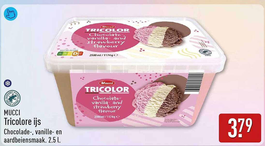MUCCI Tricolore ijs Chocolade-, vanille- en aardbeiensmaak. 2.5 l.