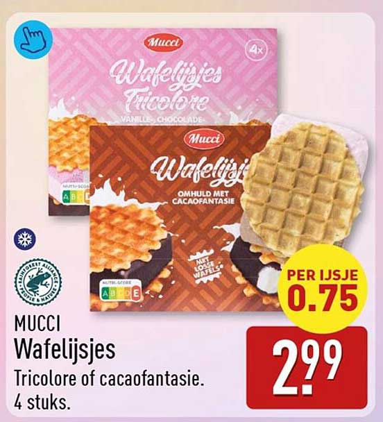 Mucci Wafeltjes Tricolore of cacao fantasie. 4 stuks.