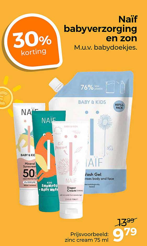 Naïf babyverzorging en zon M.u.v. babydoekjes. 30% korting