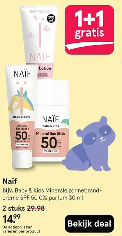 Naïf bijv. Baby & Kids Minerale zonnebrandcrème SPF 50 0% parfum 30 ml 1+1 gratis