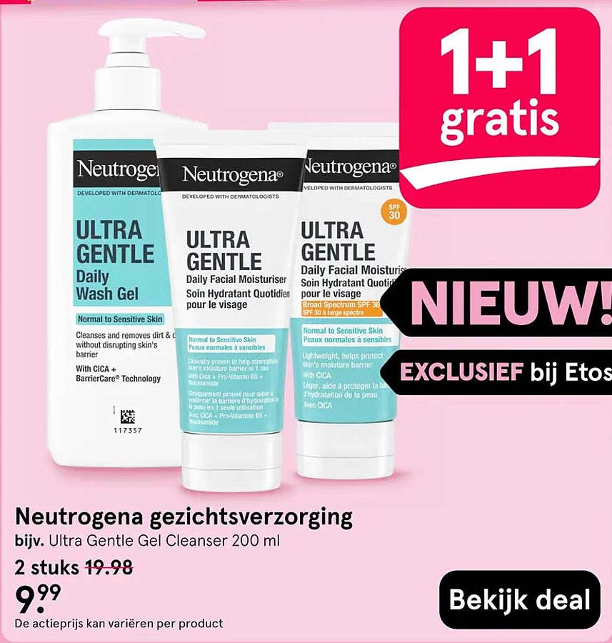 Neutrogena gezichtsverzorging bijv. Ultra Gentle Gel Cleanser 200 ml 1+1 gratis