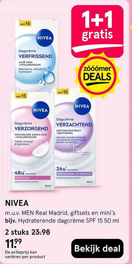 NIVEA m.u.v. MEN Real Madrid, giftsets en mini’s bijv. Hydraterende dagcrème SPF 15 50 ml 1+1 gratis