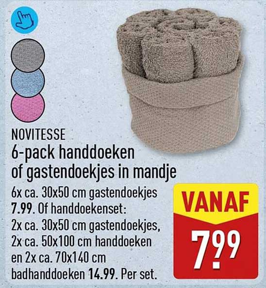 NOVITESSE 6-pack handdoeken of gastendoekjes in mandje