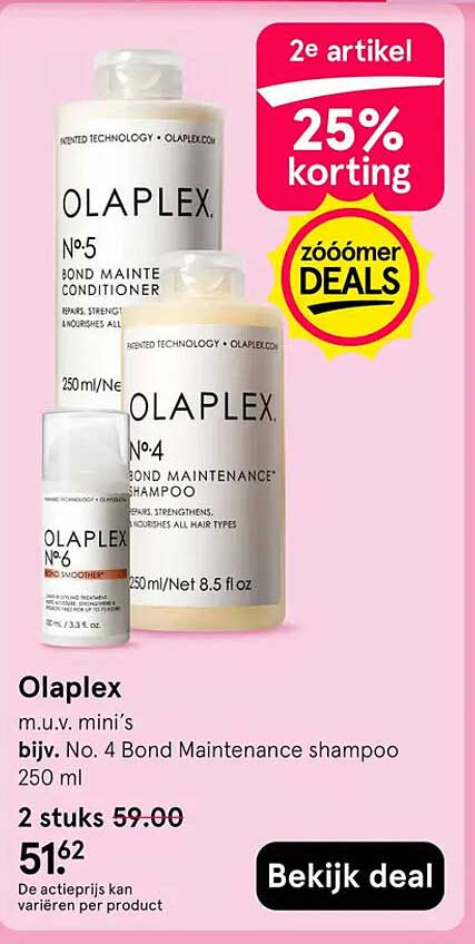 Olaplex m.u.v. mini’s bijv. No. 4 Bond Maintenance shampoo 250 ml 2e artikel 25% korting