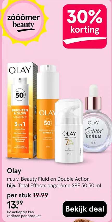 Olay m.u.v. Beauty Fluid en Double Action bijv. Total Effects dagcrème SPF 30 50 ml 30% korting