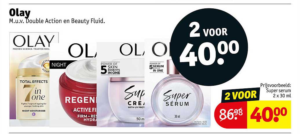 Olay M.u.v. Double Action en Beauty Fluid. 2 voor 40.00