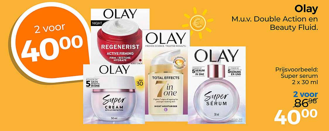 Olay M.u.v. Double Action en Beauty Fluid. 2 voor 40,00