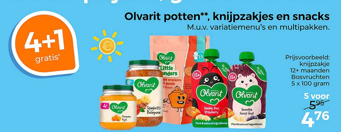 Olvarit potten**, knijpzakjes en snacks 4+1 gratis