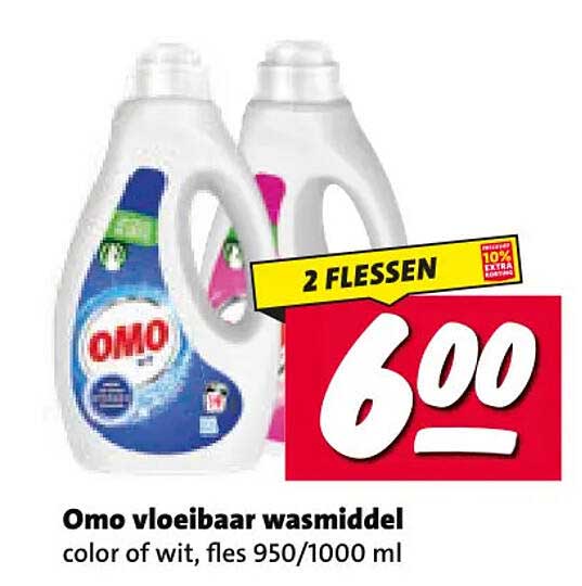 Omo vloeibaar wasmiddel color of wit, fles 950/1000 ml 2 flessen