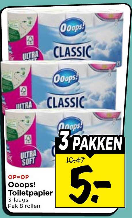 Ooops! Toiletpapier 3-laags. Pak 8 rollen 3 pakken