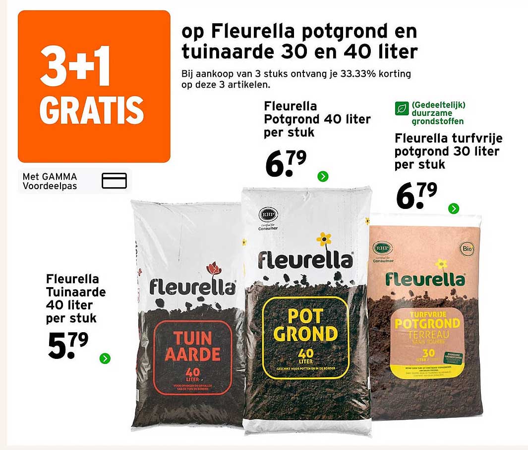 op Fleurella potgrond en tuinaarde 30 en 40 liter 3+1 GRATIS
