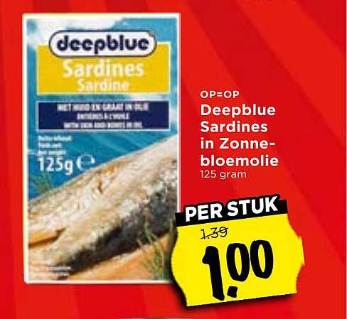 OP=OP Deepblue Sardines in Zonnebloemolie 125 gram PER STUK
