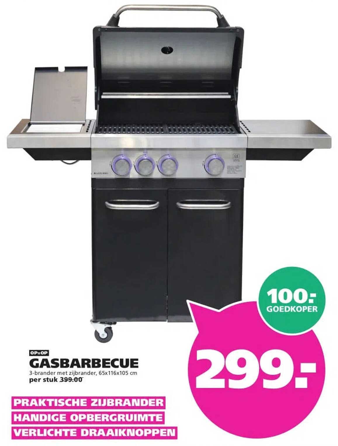 OP=OP GASBARBECUE 3-brander met zijbrander, 65x116x105 cm
