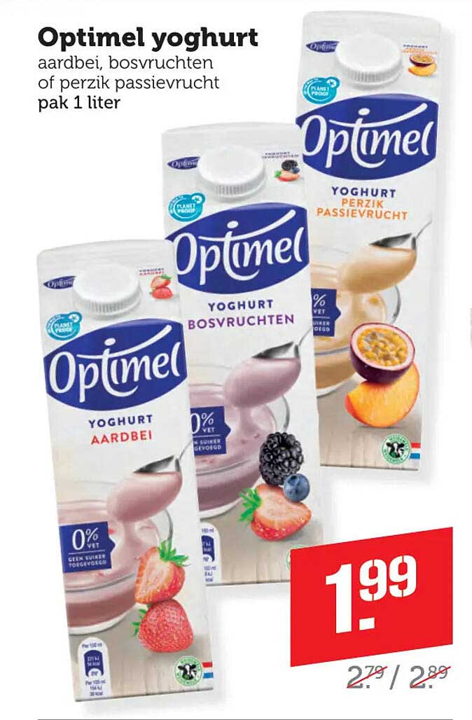 Optimel yoghurt aardbei, bosvruchten of perzik passievrucht pak 1 liter