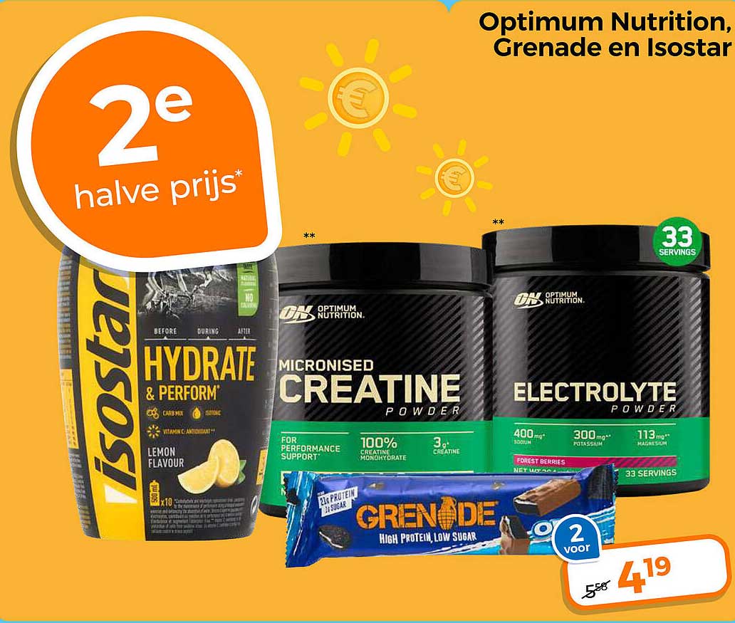 Optimum Nutrition, Grenade en Isostar 2e halve prijs