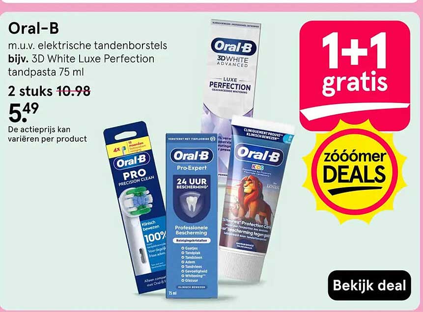 Oral-B m.u.v. elektrische tandenborstels bijv. 3D White Luxe Perfection tandpasta 75 ml 1+1 gratis