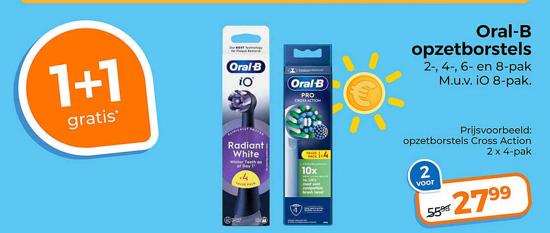 Oral-B opzetborstels 2-, 4-, 6- en 8-pak M.u.v. iO 8-pak. 1+1 gratis