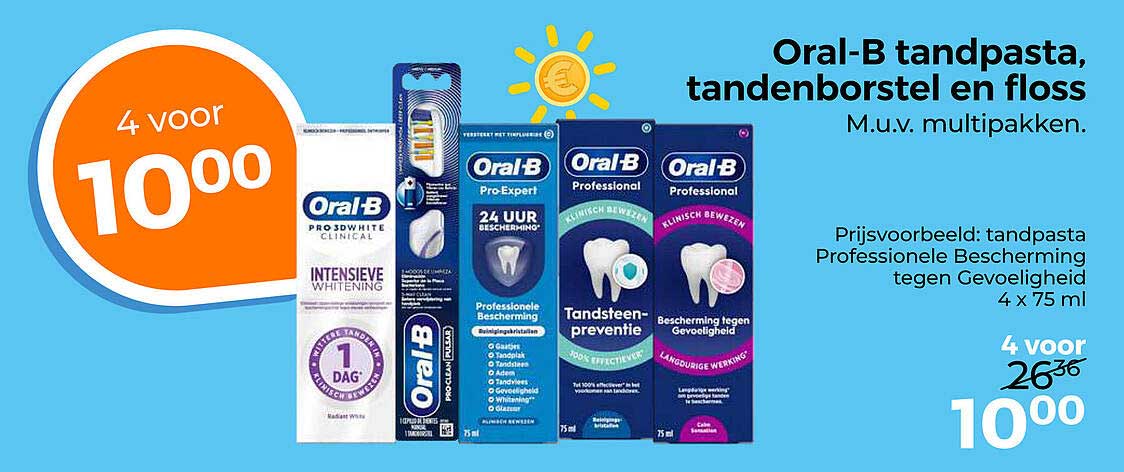 Oral-B tandpasta, tandenborstel en floss M.u.v. multipakken. 4 voor 10,00