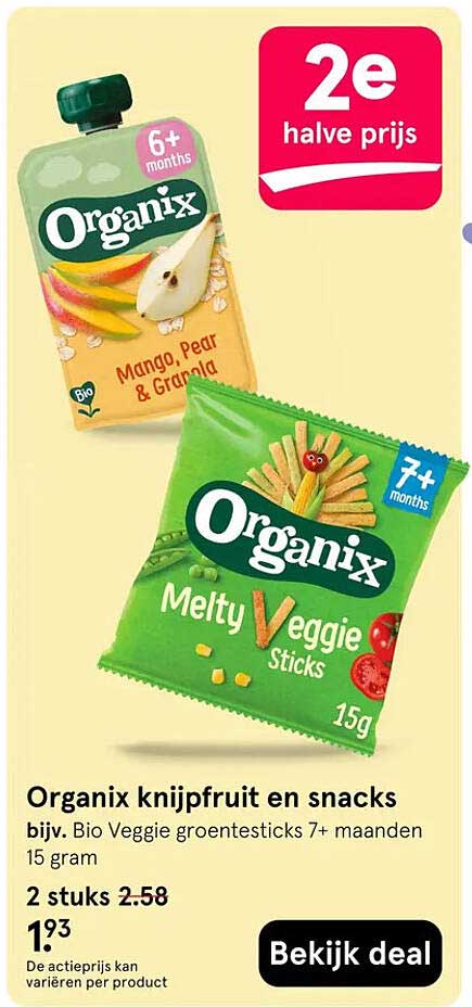 Organix knijpfruit en snacks 2e halve prijs
