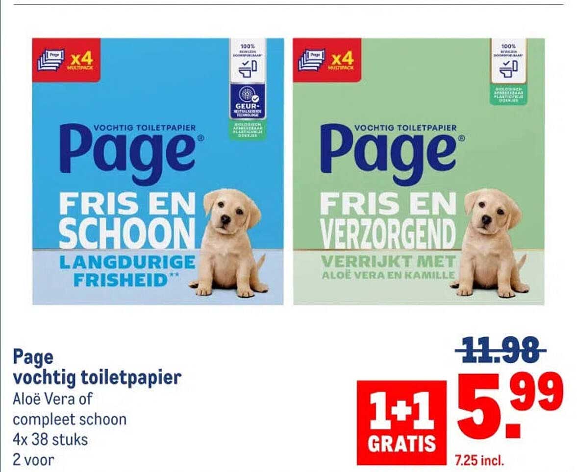 Page vochtig toiletpapier Aloë Vera of compleet schoon 4x 38 stuks 2 voor 1+1 GRATIS