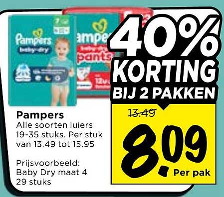 Pampers Alle soorten luiers 19-35 stuks. Per stuk van 13.49 tot 15.95 40% KORTING BIJ 2 PAKKEN