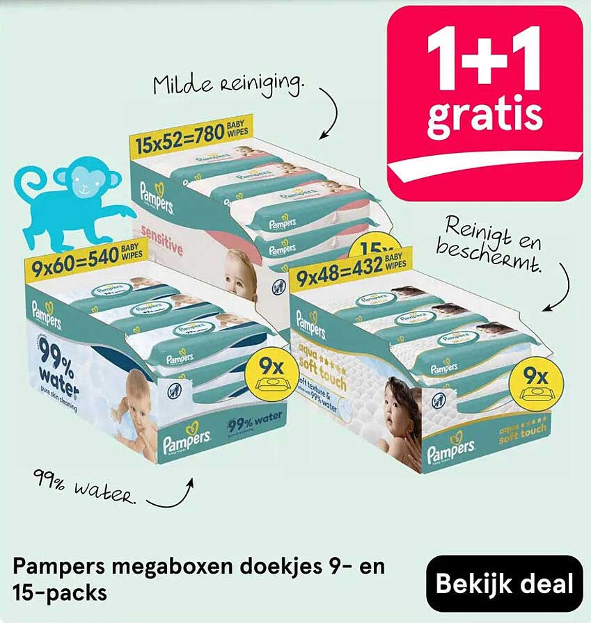Pampers megaboxen doekjes 9- en 15-packs 1+1 gratis