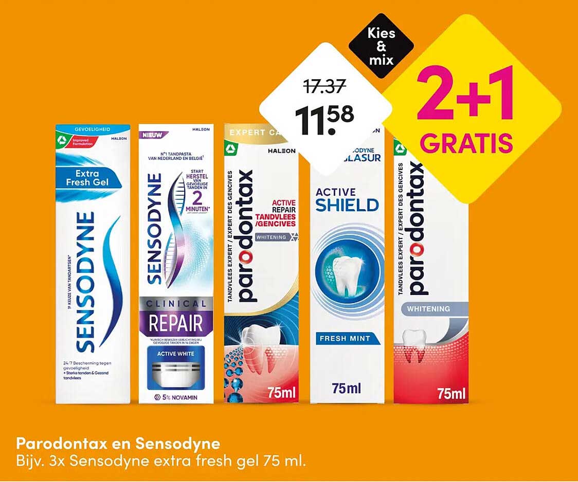 Parodontax en Sensodyne Bijv. 3x Sensodyne extra fresh gel 75 ml. 2+1 GRATIS